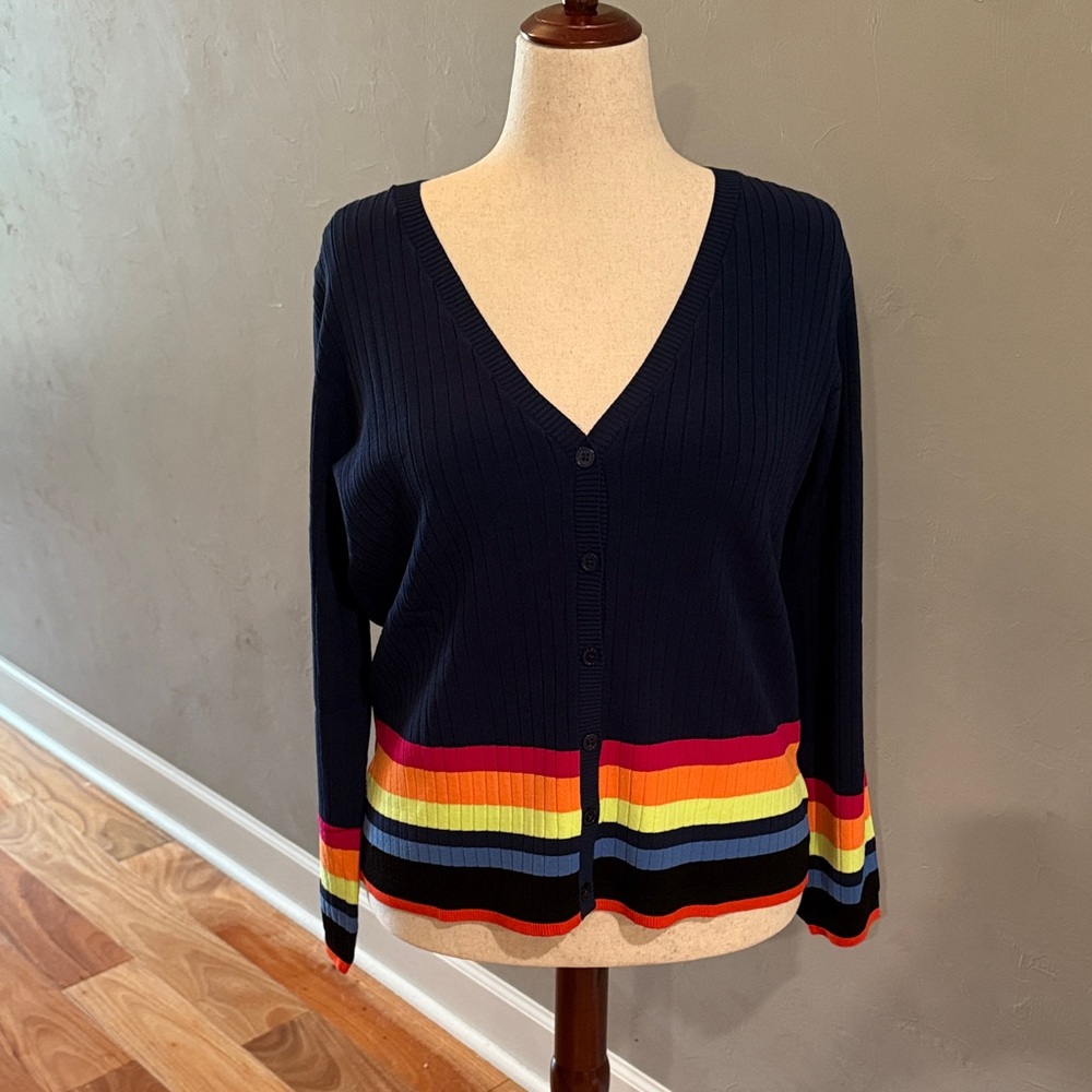NWT Isaac Mizrahi Navy Cardigan with Rainbow Stripes Pride LGBTQ
